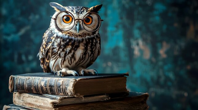 A Wise Owl Wearing Round Reading Glasses Perched on a Stack of Books Symbolizing Knowledge and Wisdom with a Scholarly Twist