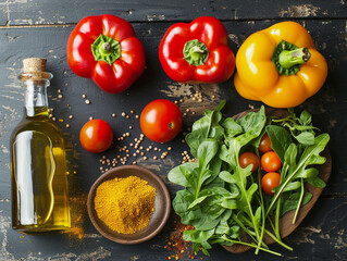Fresh Ingredients for a Healthy Salad on Dark Wooden Background