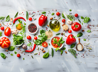 Fresh Vegetables and Herbs with Olive Oil on Light Wooden Surface