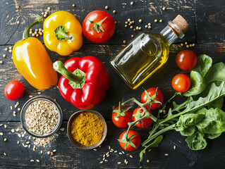 Fresh Vegetables and Olive Oil on Rustic Wooden Table