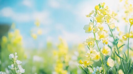 Obraz premium Closeup of rapeseed flowers in a field, with a blurry background, on a sunny day under a blue sky