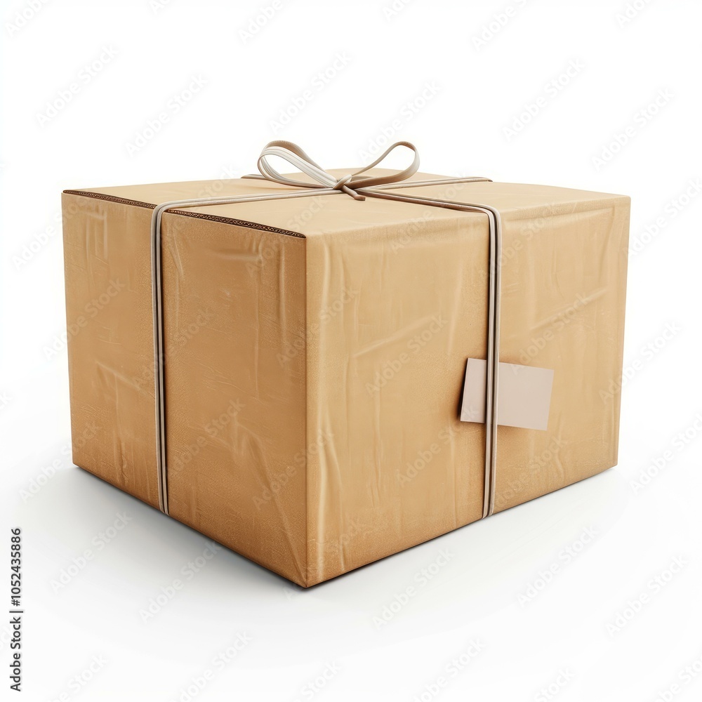 Poster single brown cardboard box tied with string and with a blank label attached, isolated on white backg
