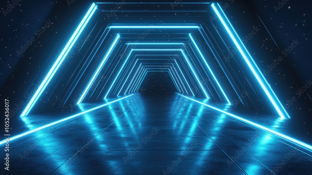 Poster blue glowing light rays on a black background. a futuristic digital abstract backdrop with lines and