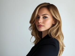 Naklejka premium A woman with long blonde hair wearing a black blazer