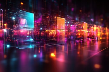 Obraz premium Abstract futuristic cityscape with glowing neon lights and geometric shapes.