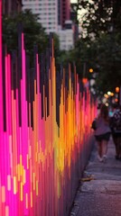 Fototapeta premium Vibrant urban street art displays a colorful soundwave design, illuminating the path with warm hues during twilight.