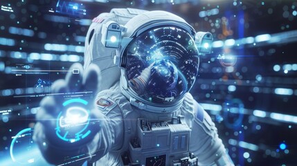 An astronaut training for a spacewalk in a virtual outer space environment with 5G technology providing unparalleled visuals and sensory feedback.