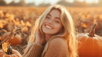 Naklejka premium Cheerful blonde woman enjoying autumn in a pumpkin field, smiling joyfully the orange harvest at a farm, celebrating the seasonal tradition with natural female beauty in an outdoor countryside setting