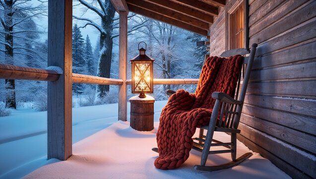 Cozy rocking chair with a warm knit blanket on a snowy porch at dusk