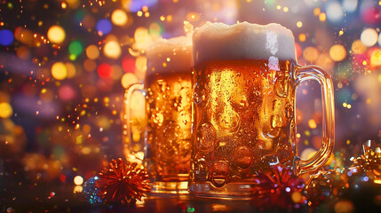 Beer in beer glasses in a New Year's and Christmas ambiance, served for celebration and toasting during large festivities, with foam forming on top of the mugs.