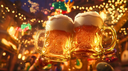 Two beer glasses filled with beautiful light beer in a festive New Year's atmosphere, clinking together in a toast to health on New Year's Eve, surrounded by the Christmas and New Year's spirit.
