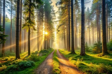 Obraz premium Misty Woodland Trail at Sunrise: A Serene Forest Path with Pine Trees Illuminated by Ethereal Sunlight