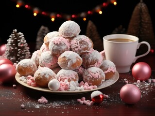 Fototapeta premium Donut holes served with hot chocolate in a festive Christmas background for celebration joy