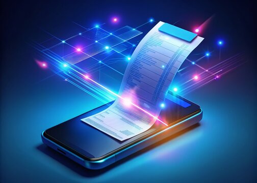 Mobile Phone Printing Expense Receipts for Online Billing - 3D Illustration of Product Order Management System
