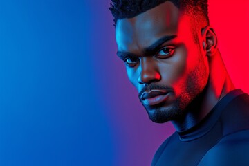 Athletic man showcasing his muscular build in focused pose against a gradient studio backdrop