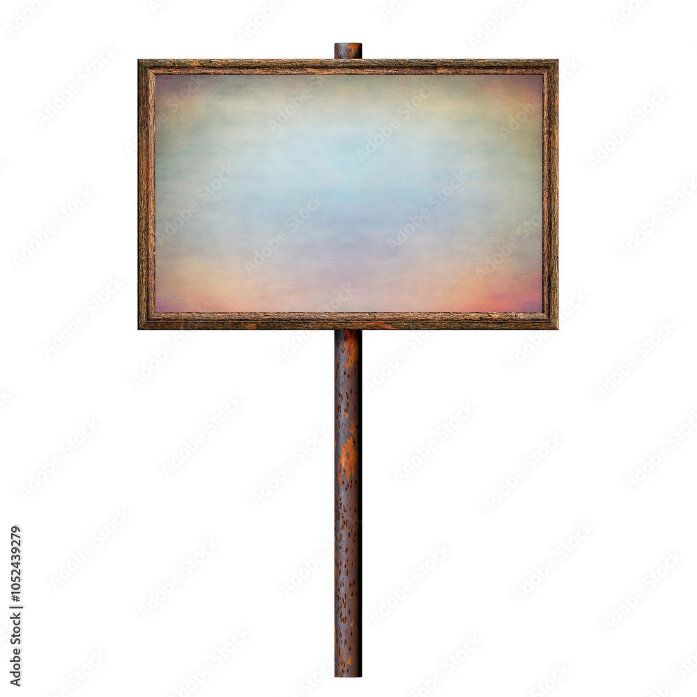 Poster wooden empty dirty sign on rusty pole. rectangular frame with empty painted grunge surface. signboar