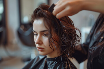 Hairdresser making hairstyle for young woman in beauty hair salon