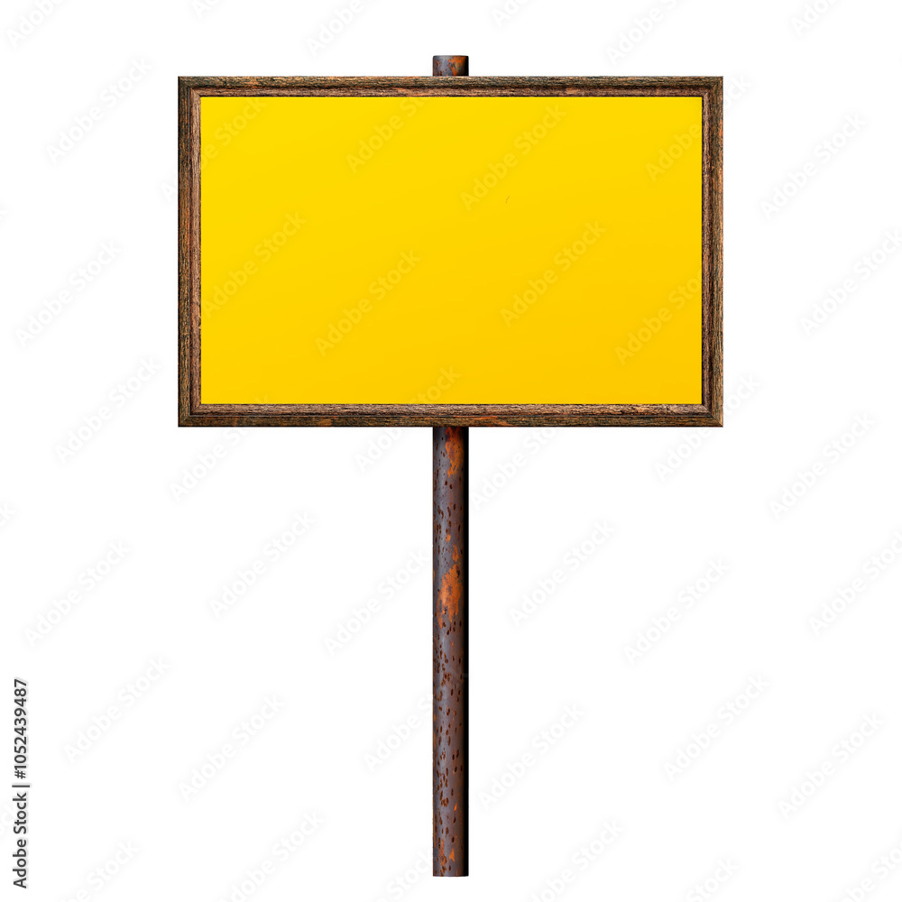 Poster wooden empty dirty sign on rusty pole. rectangular frame with empty yellow surface. signboard isolat