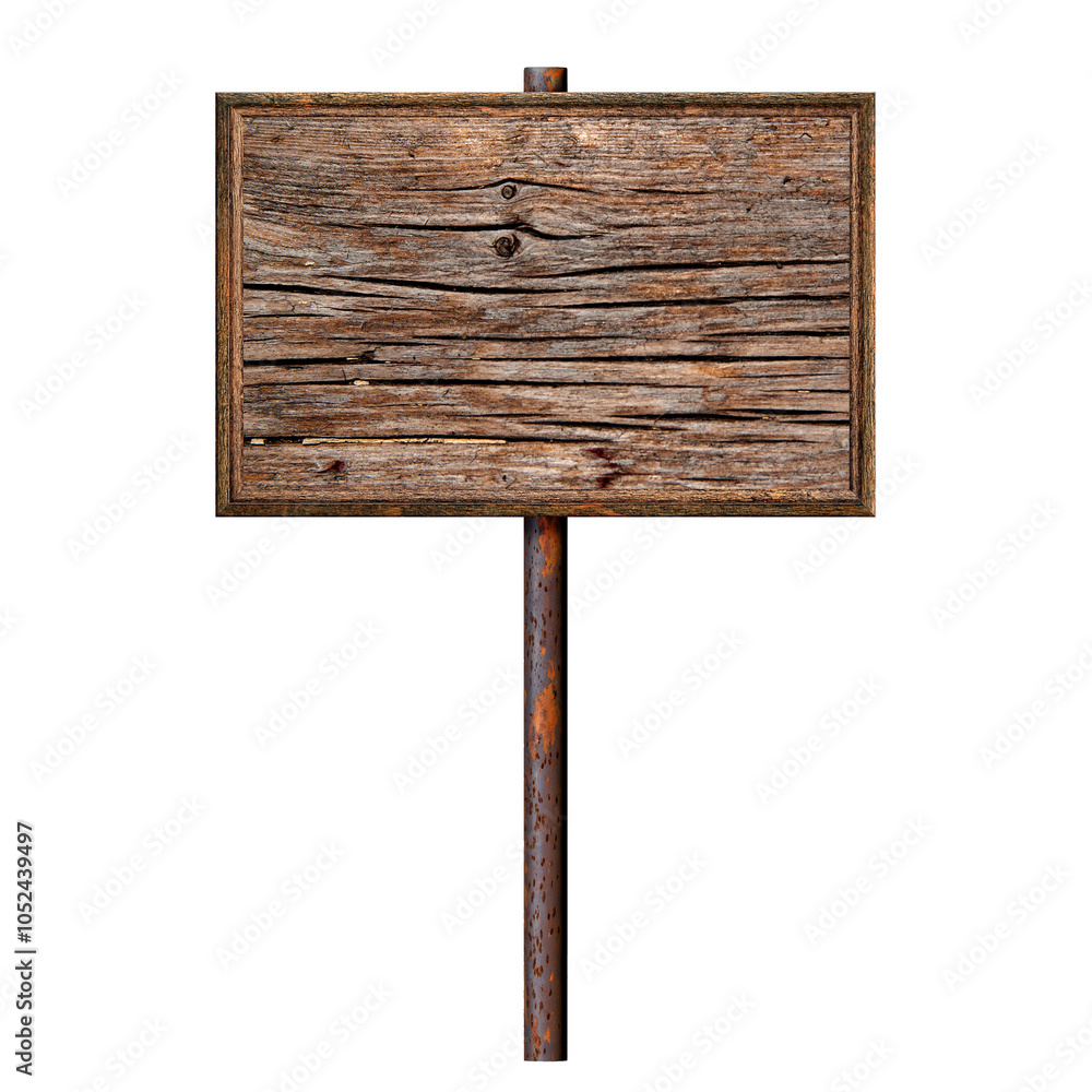 Poster wooden empty dirty sign on rusty pole. rectangular frame with empty wooden surface. signboard isolat
