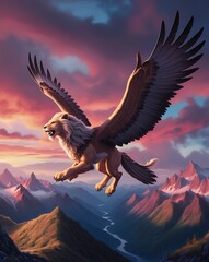 Obraz premium Legendary winged lion flying over a stunning sunset sky