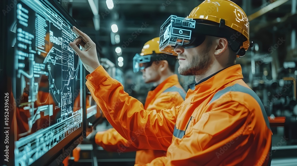 Poster factory workers using augmented reality glasses for real time digital overlay on machinery