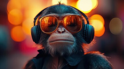 vibrant portrait of a party monkey wearing headphones against a colorful abstract backdrop, exuding playful energy and fun, ideal for a lively celebration theme