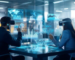 Colleagues Collaborating in Futuristic Virtual Office Meeting with Floating Analytics Displays
