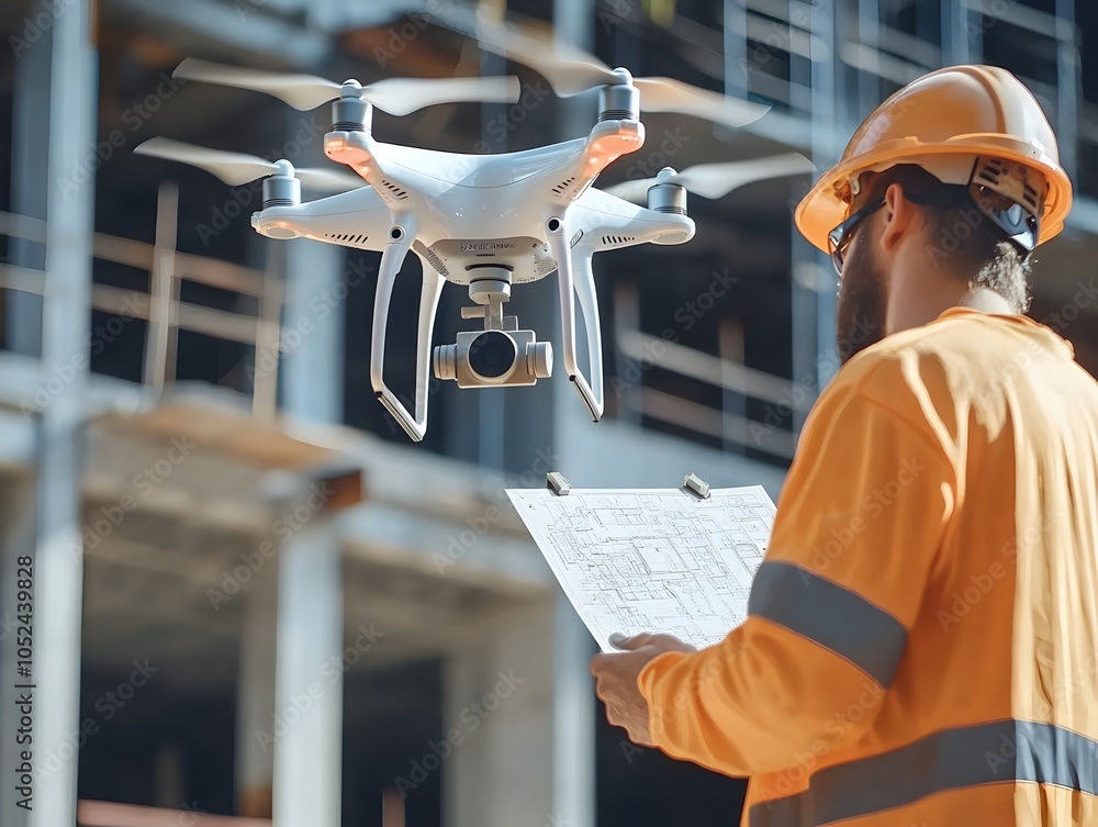 Poster construction manager utilizing drone with 3d mapping software for digital blueprint of building site