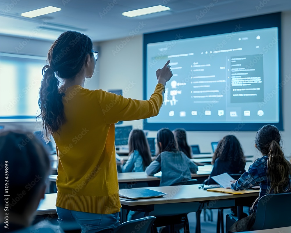 Poster teacher conducting ai driven smart classroom lesson with customized learning plans