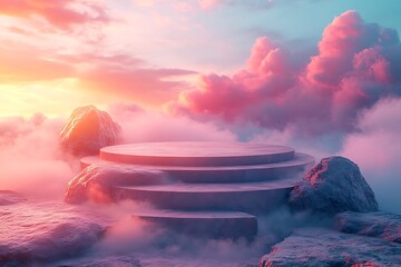 Empty platform on a mountain top with pink clouds and sunset