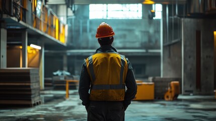 Worker in safety gear observing a construction site, emphasizing industry and safety.