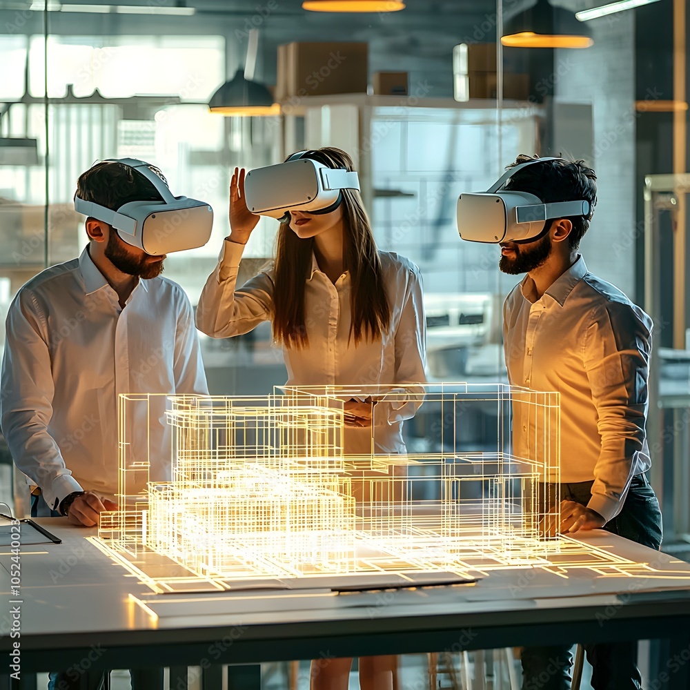 Poster architects collaborating in virtual reality to refine building design