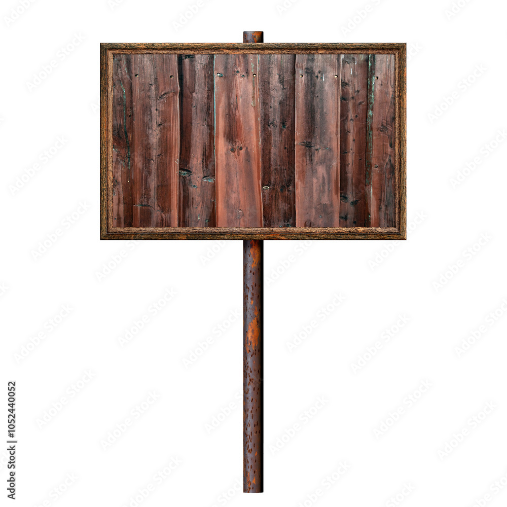 Poster wooden empty dirty sign hanging on rusty pole. rectangular frame with empty wooden plank surface. si
