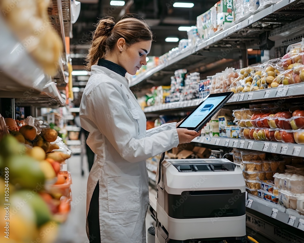 Poster grocery store worker using automated robot to monitor inventory on smart tablet