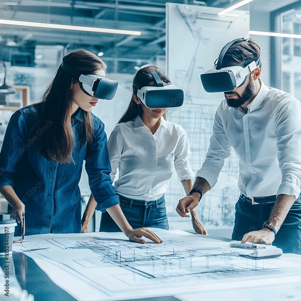 Poster architects collaborating in virtual reality to design a building