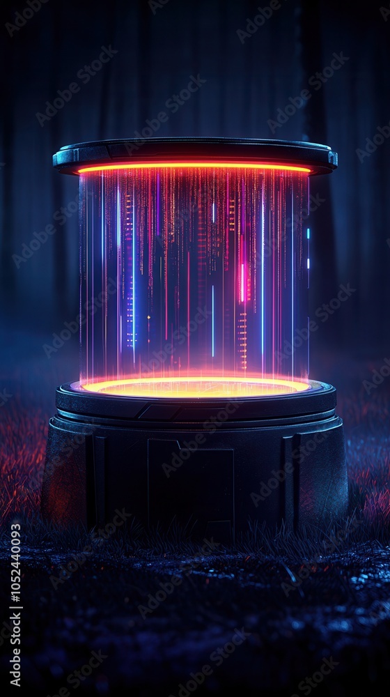 Poster a futuristic holographic device emits vibrant lights in a mysterious forest setting, creating an atm