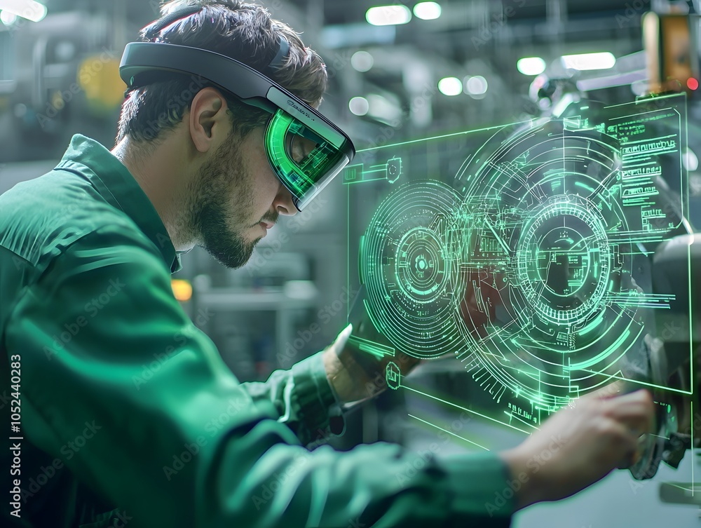 Poster engineer troubleshooting complex machine with glasses and real time data
