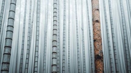 A serene forest scene showcasing slender tree trunks, with a focus on a single textured tree amidst a backdrop of straight, pale trees.