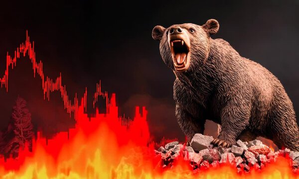 Dramatic image of a bear crushing a bull statue as stock charts crumble like brittle glass.