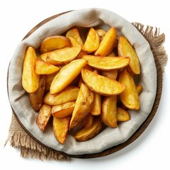 Overhead shot of golden brown potato wedges seasoned with spices, served in a wooden bowl with a linen napkin, creating an inviting appetizer or snack