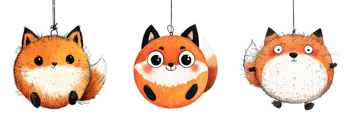Naklejka premium A set of christmas tree ornament in the shape of a cute animal isolated on a transparent background. Watercolor illustration of an adorable, round-shaped fox hanging on string. Christmas decorations.