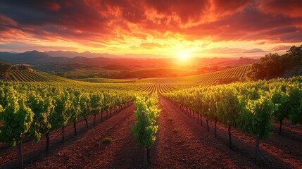Naklejka premium Vineyard Rows Bathed in Golden Sunset Light