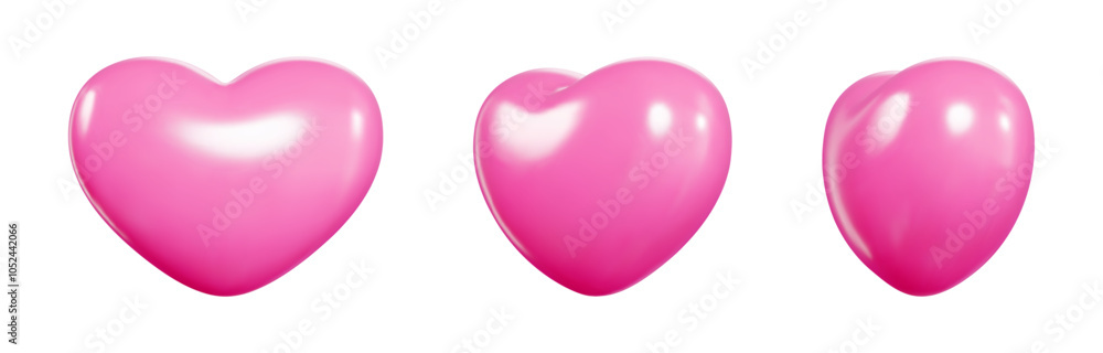 Poster pink 3d balloon hearts float in space. love symbols display glossy surface with light reflections. v