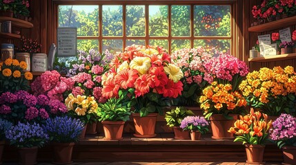 Fototapeta premium A charming flower shop with a variety of colorful flowers in different types and arrangements