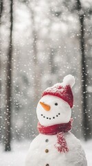 Obraz premium A charming snowman adorned with a red scarf and hat, set against a snowy backdrop, perfect for holiday wallpapers and festive cards.