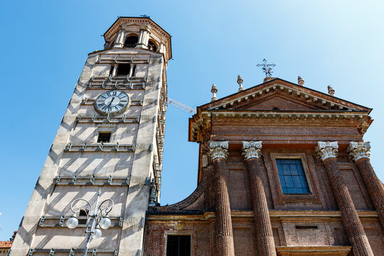 Exterior of the Fossano cathedral an bell tower (Cathedral of San Giovenale) in Fossano, Cuneo, Italy, Europe