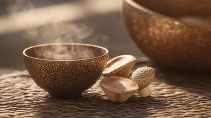 Serene Bowl with Steaming Broth and Mushrooms