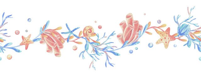 Fototapeta premium Sea corals, algae, shells, starfish, bubbles. Watercolor illustration hand drawn in coral, turquoise and blue colors. Seamless board isolated from background