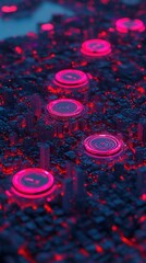 A vibrant, futuristic cityscape illuminated by glowing pink circuits, showcasing advanced technology and digital innovation.