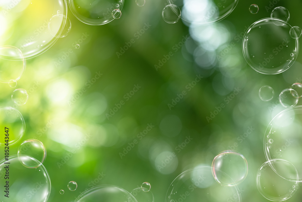 Poster blurry nature bokeh sunlight with soap bubbles border frame background for spring banner,blurred nat